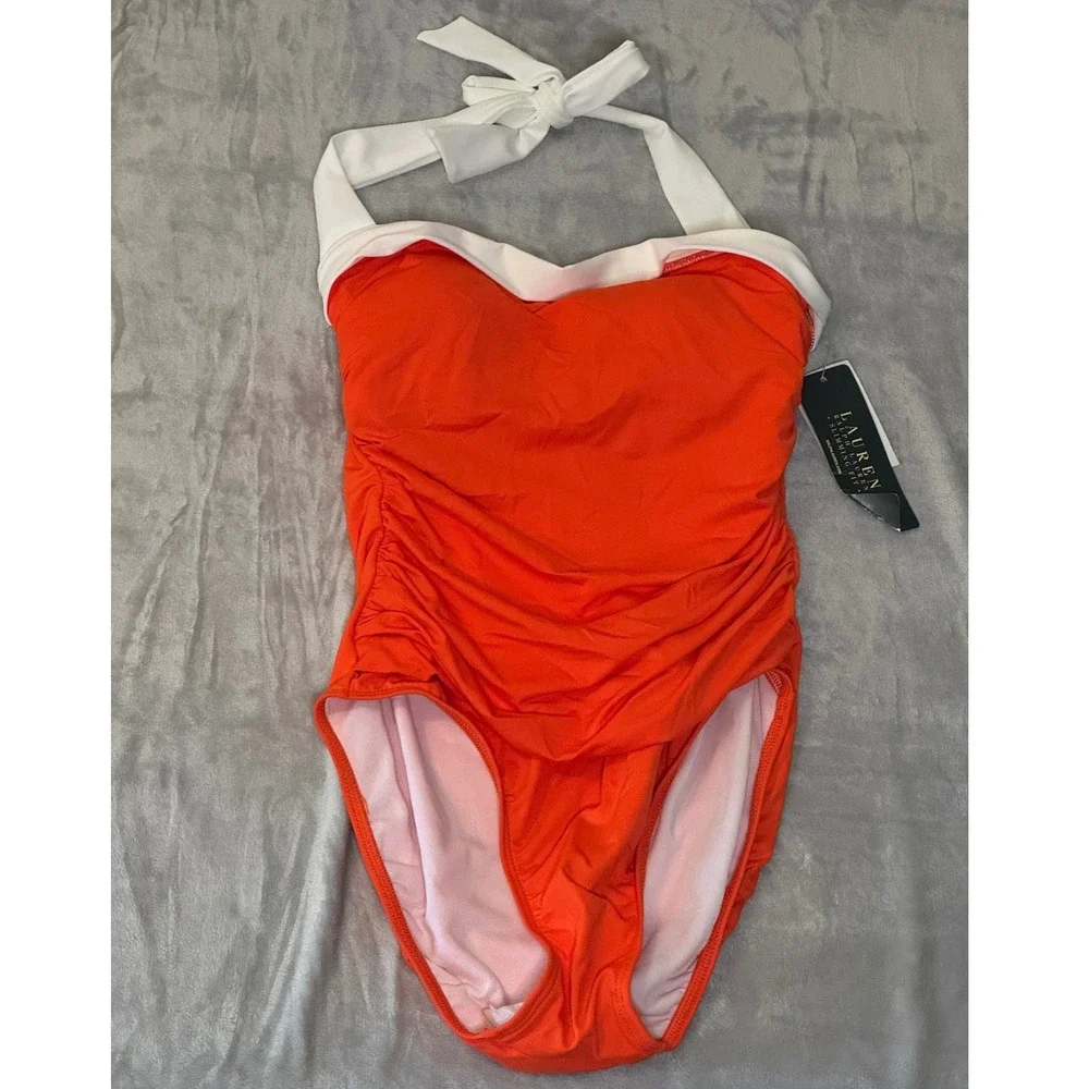 NWT Lauren Ralph Lauren Slimming Fit Halter One Piece Swimsuit Orange White 8 - Picture 1 of 9